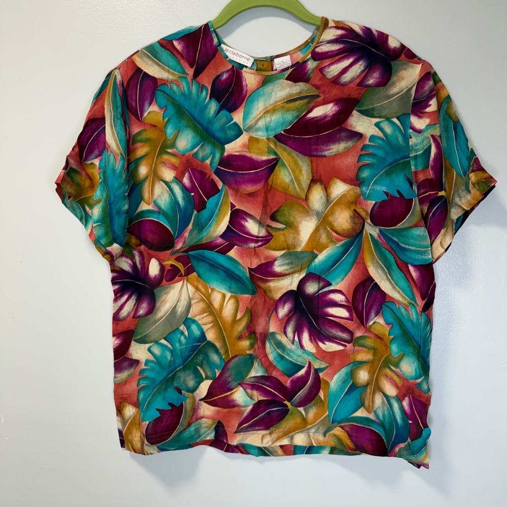 Liz Claiborne Vintage 100% Silk Tropical Leaf Print Blouse‎ Short Sleeve Top 8